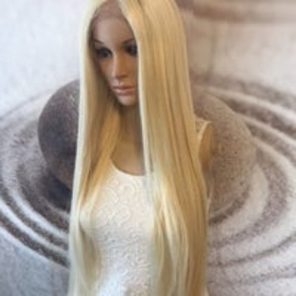 Sleek silk blonde lace wig human hair blend. main image 4